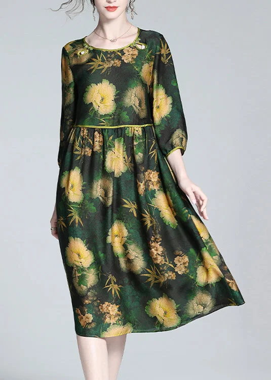 Stylish Green O-Neck Print Wrinkled Silk Long Dresses Spring Tunics Top rated