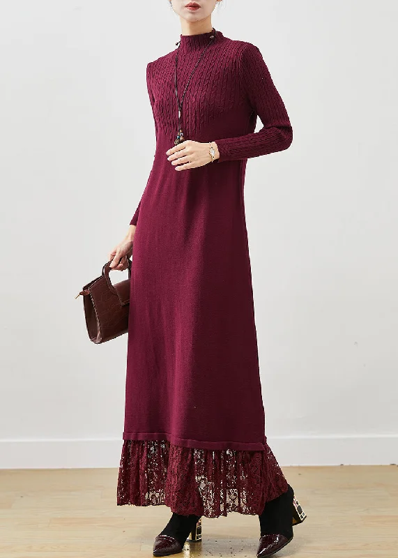 Stylish Mulberry Silm Fit Patchwork Lace Knitted Long Dress Spring Tunics Vintage classic Stylish Mulberry Silm Fit Patchwork Lace Knitted Long Dress Spring Tunics Vintage classic