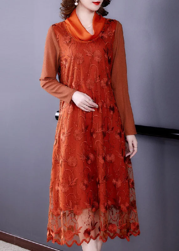Stylish Orange Embroideried Floral Tulle Long Dress Long Sleeve Tunics Fall fleece