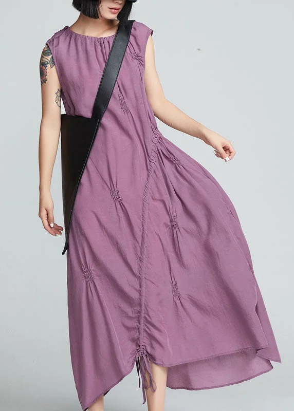 Stylish Purple Drawstring Wrinkled Cotton Long Dress Sleeveless Tunics Exclusive limited Stylish Purple Drawstring Wrinkled Cotton Long Dress Sleeveless Tunics Exclusive limited
