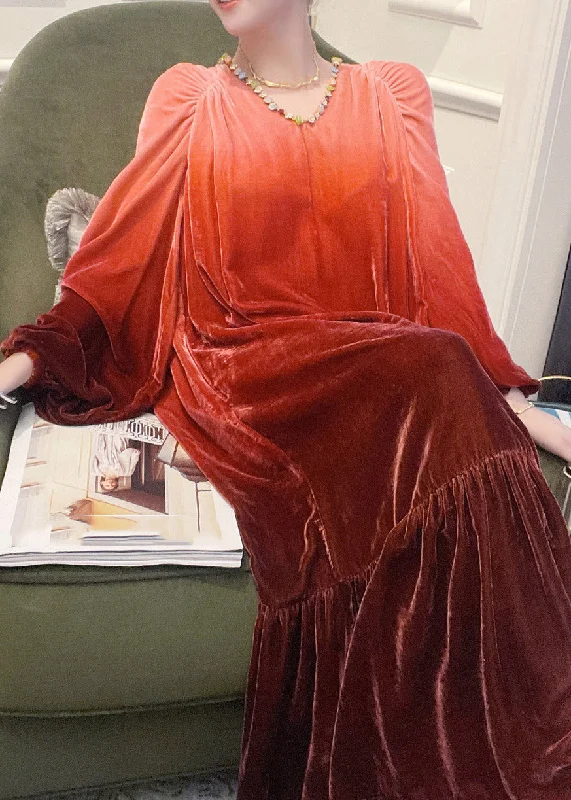 Stylish Red V Neck Gradient Color Wrinkled Velour Long Dress Lantern Sleeve Tunics Custom made Stylish Red V Neck Gradient Color Wrinkled Velour Long Dress Lantern Sleeve Tunics Custom made