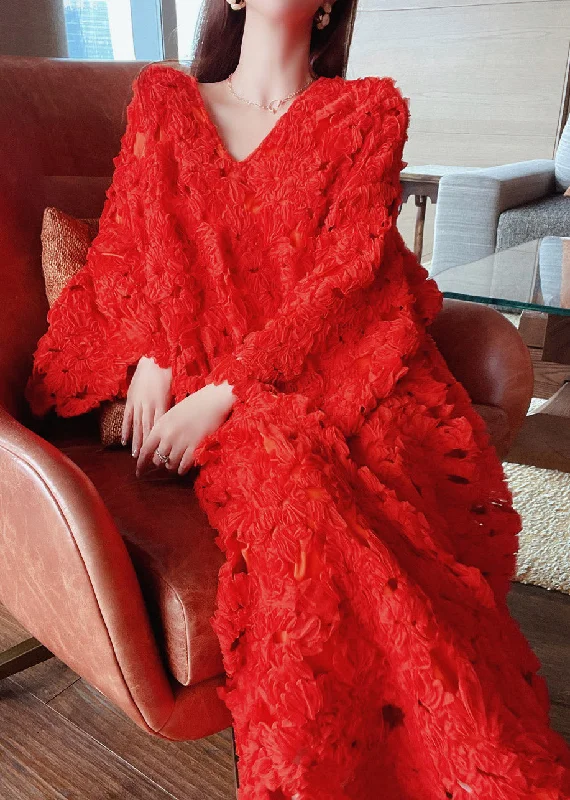 Stylish Red V Neck Hollow Out Floral Lace Long Dress Flare Sleeve Tunics Seasonal trendy Stylish Red V Neck Hollow Out Floral Lace Long Dress Flare Sleeve Tunics Seasonal trendy