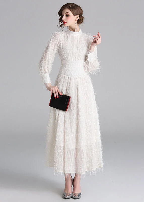Stylish White Fluffy Tassel Patchwork Cotton Long Dresses Lantern Sleeve Tunics Formal black Stylish White Fluffy Tassel Patchwork Cotton Long Dresses Lantern Sleeve Tunics Formal black