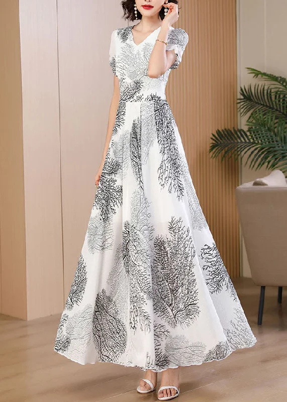 Stylish White V Neck Print High Waist Holiday Chiffon Long Dress Summer Tunics Wedding white Stylish White V Neck Print High Waist Holiday Chiffon Long Dress Summer Tunics Wedding white