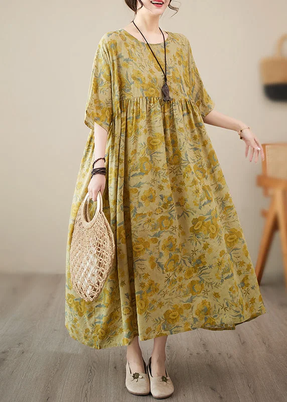 Stylish Yellow O-Neck Print Chiffon Vacation Long Dress Short Sleeve Tunics Bridal satin Stylish Yellow O-Neck Print Chiffon Vacation Long Dress Short Sleeve Tunics Bridal satin