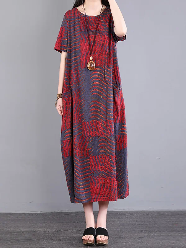 Summer Casual Stripe Dot Loose Cotton Long Dress Tunics Ceremony elegant