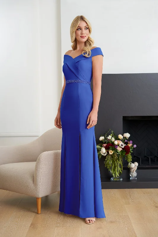 Jasmine K258051 Stretch Crepe Fit and Flare Gown with Asymmetrical Cross-Over Portrait Neckline and Hand Beaded Waistband | Cobalt Blue Turtleneck Warm Winter Jasmine K258051 Stretch Crepe Fit and Flare Gown with Asymmetrical Cross-Over Portrait Neckline and Hand Beaded Waistband | Cobalt Blue Turtleneck Warm Winter