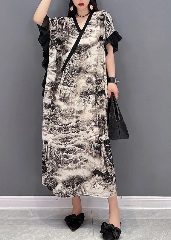 Top Quality White V Neck Print Long Dress Butterfly Sleeve Tunics Satin smooth