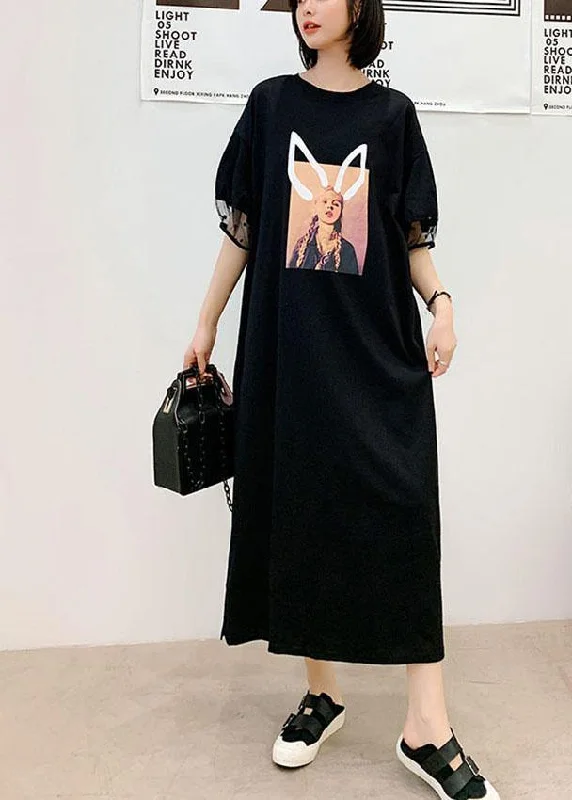 Unique Black O-Neck Puff Sleeve Summer Character Long Dress Tunics Silk luxurious