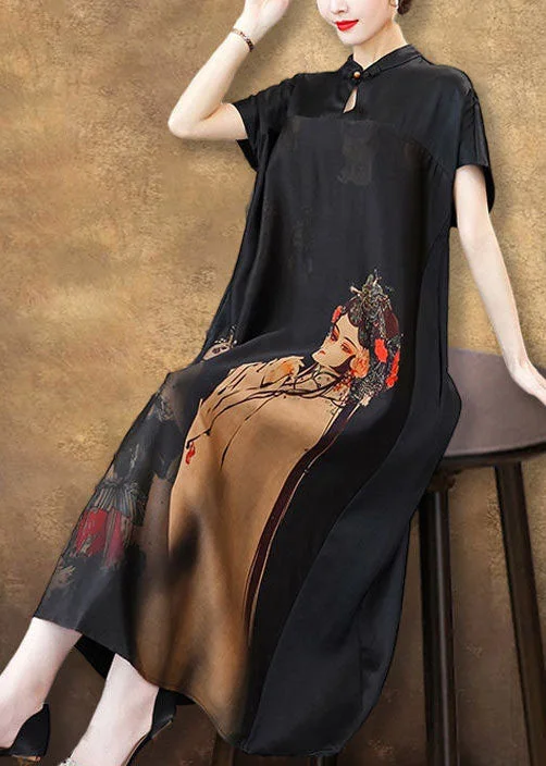Unique Black Stand Collar Patchwork Print Silk Long Dress Summer Tunics Solid Classic Unique Black Stand Collar Patchwork Print Silk Long Dress Summer Tunics Solid Classic