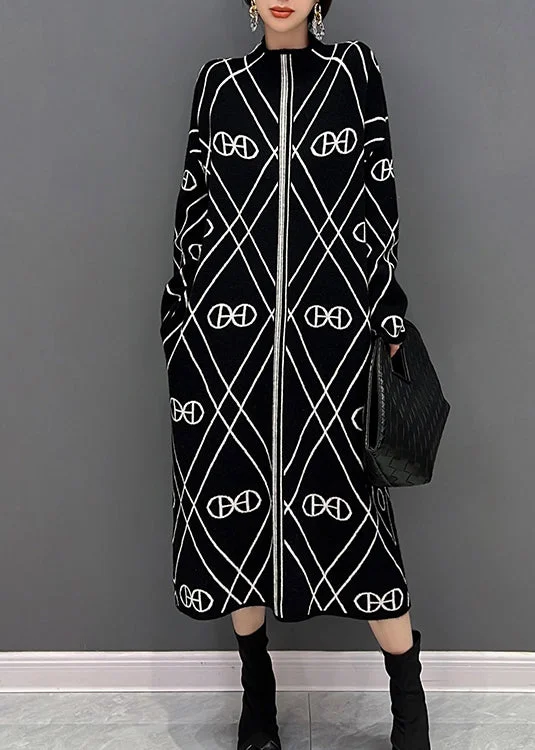 Unique Black Stand Collar White Striped Patchwork Knit Long Dress Fall Tunics Floral girly Unique Black Stand Collar White Striped Patchwork Knit Long Dress Fall Tunics Floral girly