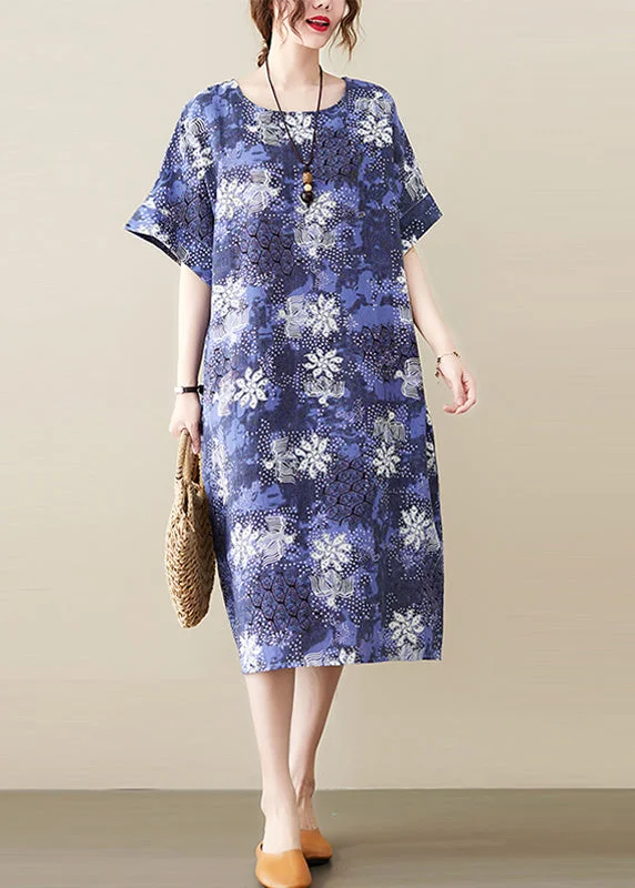 Unique Blue O-Neck Print Long Dresses Short Sleeve Tunics Plaid country