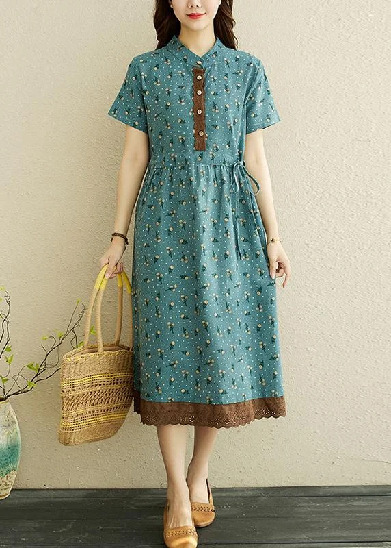 Unique Blue Print tie waist Long Summer Cotton Dress Tunics Velvet soft