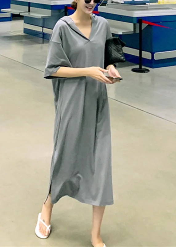Unique Grey V Neck Side Open Cotton Hooded Long Dresses Short Sleeve Crew Neckline Sporty Unique Grey V Neck Side Open Cotton Hooded Long Dresses Short Sleeve Crew Neckline Sporty