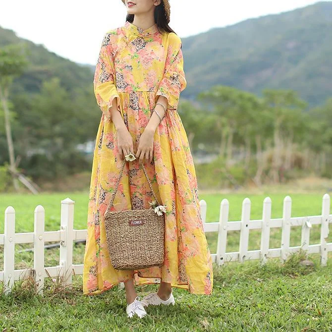Unique high waist linen dresses pattern yellow floral Dress fall Turtleneck Neckline Stylish Unique high waist linen dresses pattern yellow floral Dress fall Turtleneck Neckline Stylish