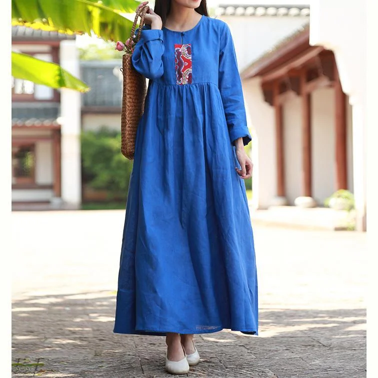 Unique high waist linen Wardrobes Sewing blue Dresses fall Tunics Long Elegant