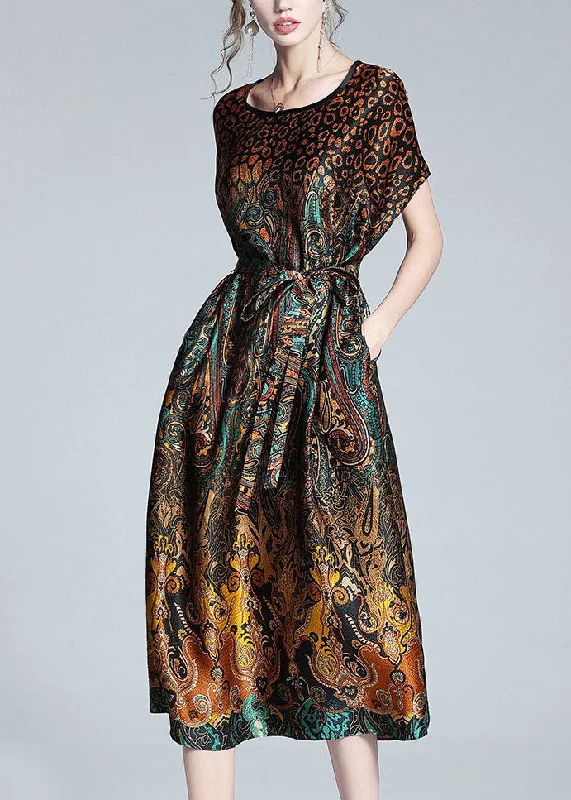 Unique Leopard O Neck Tie Waist Patchwork Silk Dress Summer Square Neckline Feminine Unique Leopard O Neck Tie Waist Patchwork Silk Dress Summer Square Neckline Feminine