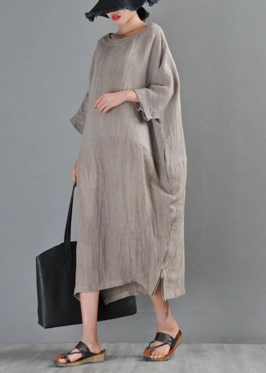 Unique Linen Colour O-Neck Zip Up Side Open Linen Long Dresses Half Sleeve Crew Neckline Casual Unique Linen Colour O-Neck Zip Up Side Open Linen Long Dresses Half Sleeve Crew Neckline Casual