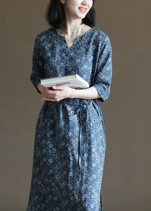 Unique Navy V Neck Print Tie Waist Linen Women's Dresses Half Sleeve sweetheart Neckline Romantic Unique Navy V Neck Print Tie Waist Linen Women's Dresses Half Sleeve sweetheart Neckline Romantic