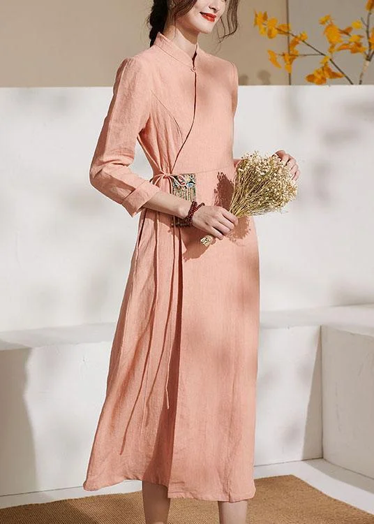 Unique Pink Embroideried tie waist Summer Linen Summer Dresses A-Line Day Work