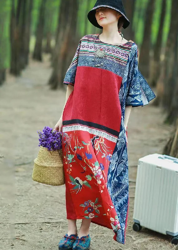Unique Red Ethnic Style Patchwork Print Cotton Long Dress Short Sleeve Maxi Flowy Bohemian Unique Red Ethnic Style Patchwork Print Cotton Long Dress Short Sleeve Maxi Flowy Bohemian