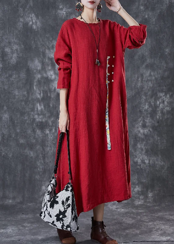 Unique Red Oversized Patchwork Chinese Button Linen Long Dress Spring Floral Print girly Unique Red Oversized Patchwork Chinese Button Linen Long Dress Spring Floral Print girly