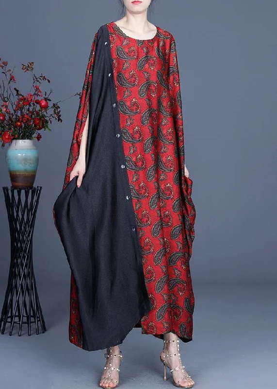 Unique Red Print Patchwork Long Dresses Summer Spring Shift Classic Vintage