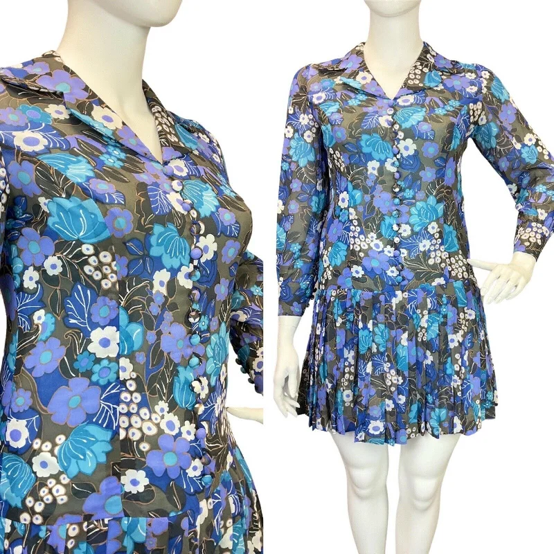 VINTAGE 60s 70s BLUE GREY BLACK FLORAL SHEER PLEATED MOD DROP-WAIST DRESS 14 16 Tunic Top Casual VINTAGE 60s 70s BLUE GREY BLACK FLORAL SHEER PLEATED MOD DROP-WAIST DRESS 14 16 Tunic Top Casual