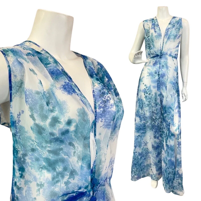 VINTAGE 60s 70s BLUE WHITE GREEN FLORAL LEAFY WAISTCOAT MAXI OVER-DRESS 14 16 Boat Neckline Classic VINTAGE 60s 70s BLUE WHITE GREEN FLORAL LEAFY WAISTCOAT MAXI OVER-DRESS 14 16 Boat Neckline Classic