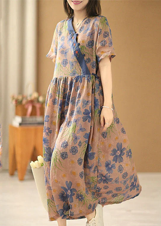 Vintage Asymmetrical Design Embroideried Print Linen Long Dress Short Sleeve Tunics Trendy modern Vintage Asymmetrical Design Embroideried Print Linen Long Dress Short Sleeve Tunics Trendy modern