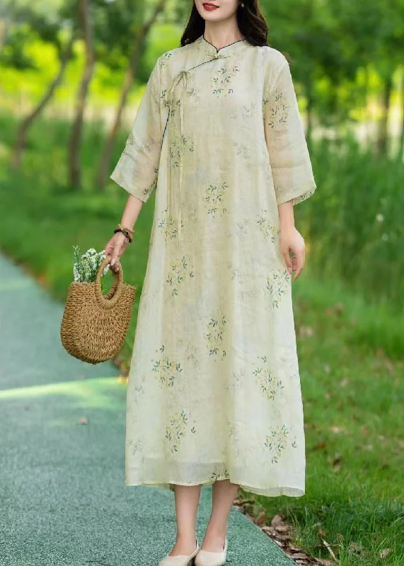 Vintage Beige Stand Collar Print Patchwork Linen Long Dresses Summer Tunics Cozy soft