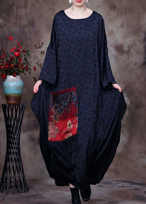 Vintage Black Embroideried Asymmetrical Design Patchwork Big Pocket Silk Long Dress Batwing Sleeve Tunics Stylish elegant Vintage Black Embroideried Asymmetrical Design Patchwork Big Pocket Silk Long Dress Batwing Sleeve Tunics Stylish elegant