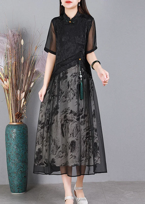 Vintage Black Mandarin Collar Print Tulle Patchwork Silk Long Dresses Short Sleeve Tunics Versatile functional Vintage Black Mandarin Collar Print Tulle Patchwork Silk Long Dresses Short Sleeve Tunics Versatile functional