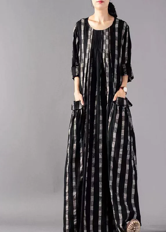 Vintage Black O-Neck Plaid Print Cotton Long Dresses Long Sleeve Tunics Sophisticated sleek Vintage Black O-Neck Plaid Print Cotton Long Dresses Long Sleeve Tunics Sophisticated sleek