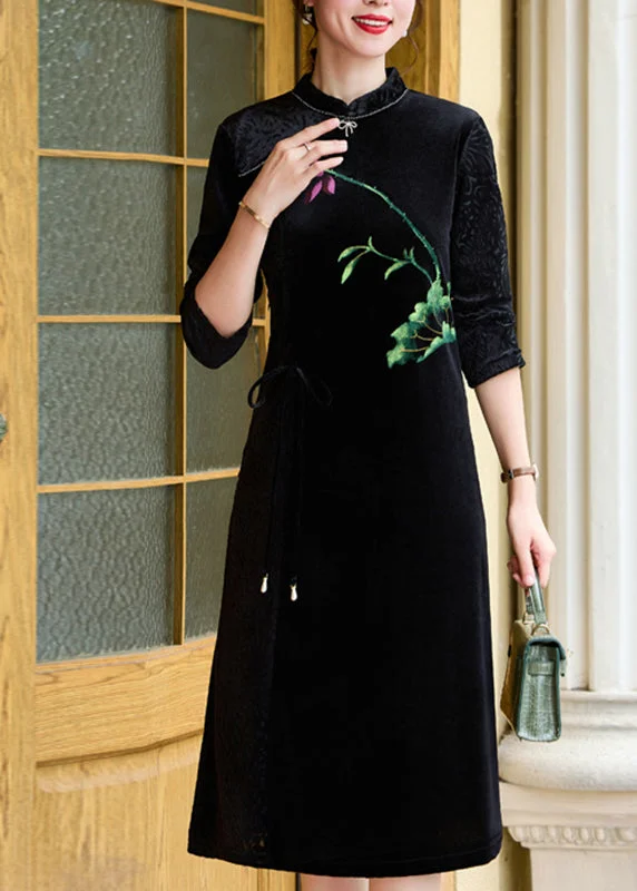 Vintage Black Print Tie waist Silk Velour Vacation Long Dresses Long Sleeve Tunics Practical durable Vintage Black Print Tie waist Silk Velour Vacation Long Dresses Long Sleeve Tunics Practical durable
