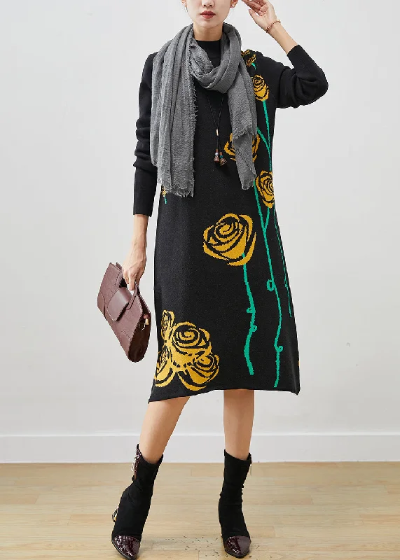 Vintage Black Stand Collar Floral Jacquard Knit Long Dress Spring Tunics Stylish elegant Vintage Black Stand Collar Floral Jacquard Knit Long Dress Spring Tunics Stylish elegant