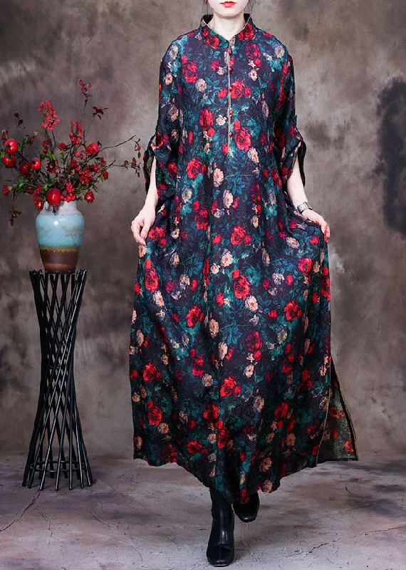 Vintage Black Stand Collar Floral Print Side Open Silk Long Dresses Long Sleeve Tunics Fashionable chic Vintage Black Stand Collar Floral Print Side Open Silk Long Dresses Long Sleeve Tunics Fashionable chic