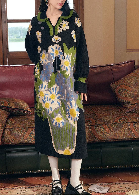 Vintage Black V Neck Print Ruffled Patchwork Cotton Knit Long Dress Fall Tunics Sophisticated sleek Vintage Black V Neck Print Ruffled Patchwork Cotton Knit Long Dress Fall Tunics Sophisticated sleek