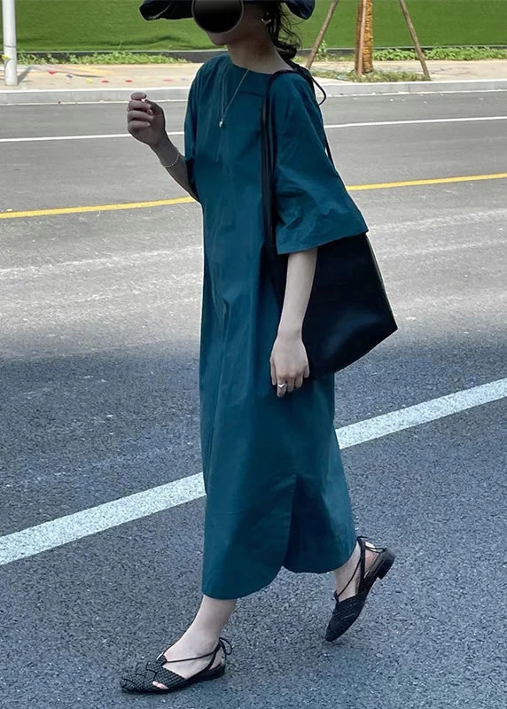 Vintage Blue O Neck High Waist Cotton Long Dress Half Sleeve Tunics Cozy comfortable Vintage Blue O Neck High Waist Cotton Long Dress Half Sleeve Tunics Cozy comfortable