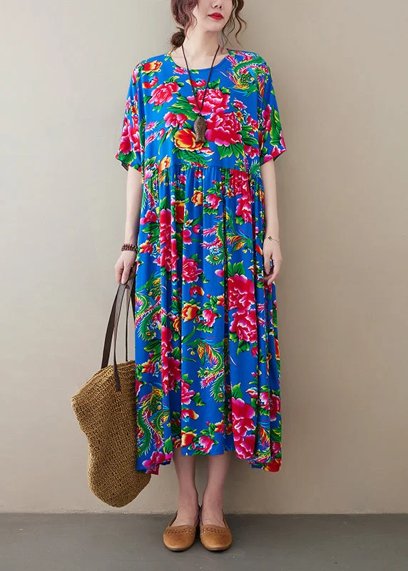 Vintage Blue O-Neck wrinkled Floral Print Long Dress Short Sleeve Tunics Luxurious high-end Vintage Blue O-Neck wrinkled Floral Print Long Dress Short Sleeve Tunics Luxurious high-end