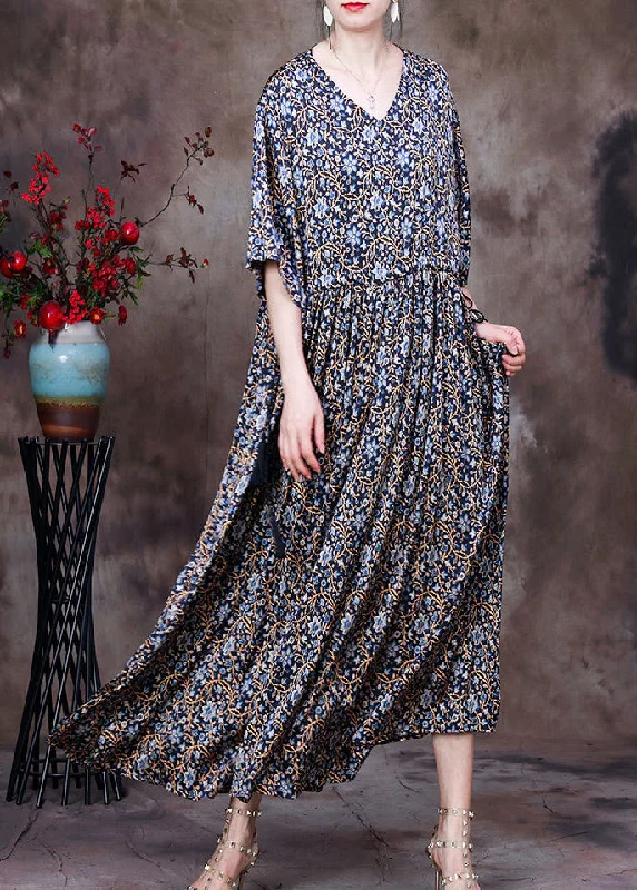 Vintage Blue Print V Neck Drawstring Silk Long Dresses For Women Half Sleeve Tunics Essential wardrobe Vintage Blue Print V Neck Drawstring Silk Long Dresses For Women Half Sleeve Tunics Essential wardrobe
