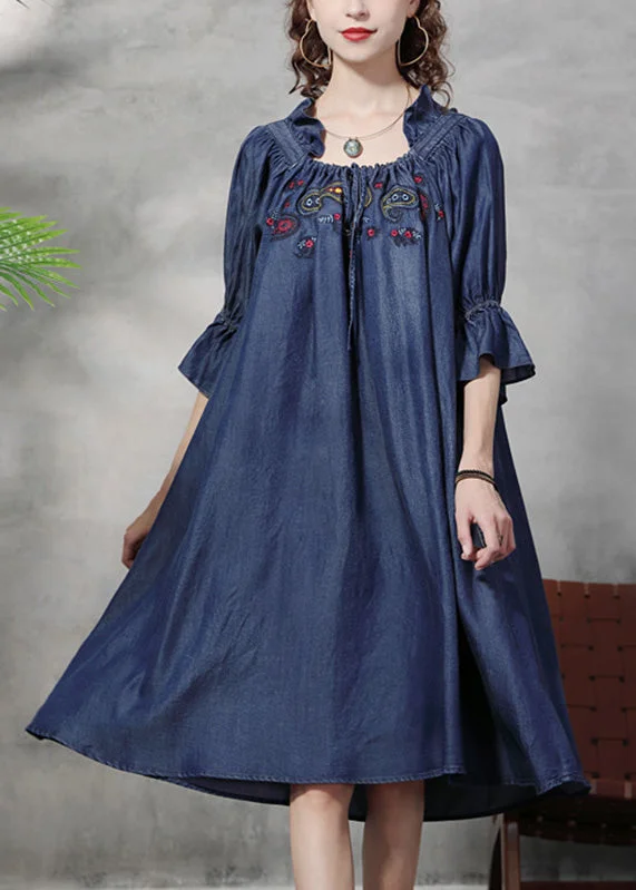 Vintage Blue Square Collar Embroideried Floral Ruffled Patchwork Long Dresses Half Sleeve Tunics Top rated Vintage Blue Square Collar Embroideried Floral Ruffled Patchwork Long Dresses Half Sleeve Tunics Top rated