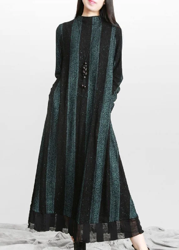 Vintage Blue Striped PatchworkChiffon Fall Long Dresses Tunics Timeless classic