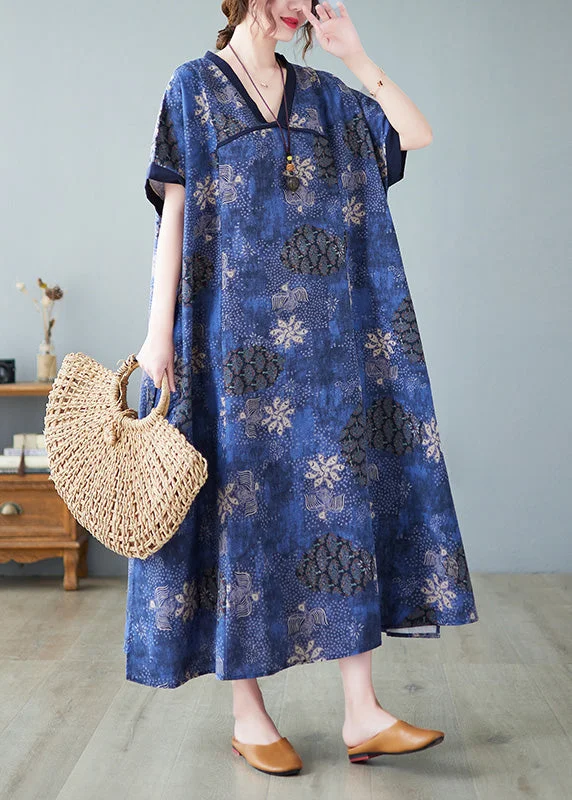Vintage Blue V Neck Patchwork Long Dresses Summer Tunics Review highly