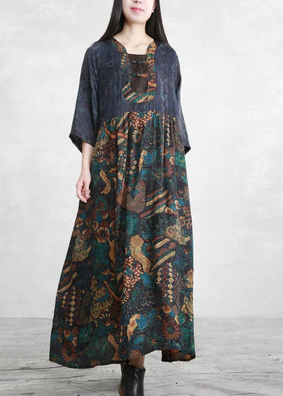 Vintage Blue Wrinkled Pockets Patchwork Long Dress Three Quarter sleeve Tunics Versatile stylish Vintage Blue Wrinkled Pockets Patchwork Long Dress Three Quarter sleeve Tunics Versatile stylish