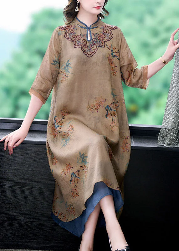 Vintage Coffee Stand Collar Embroideried Patchwork Linen Long Dresses Summer Tunics Recommended stylist Vintage Coffee Stand Collar Embroideried Patchwork Linen Long Dresses Summer Tunics Recommended stylist