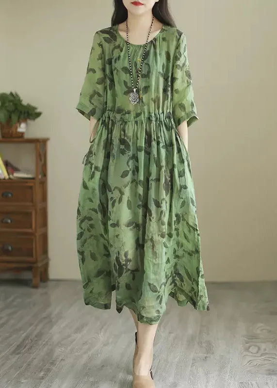 Vintage Green O-Neck Print Wrinkled Long Dress Summer Tunics Seasonal trendy