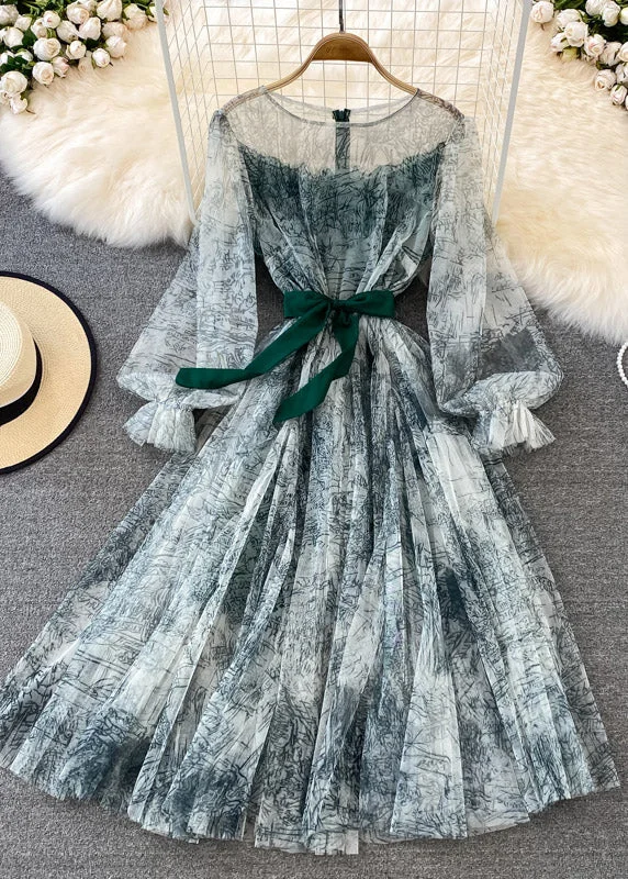 Vintage Green O-Neck Slim Tulle Long Dress Puff Sleeve Tunics Prom sequined