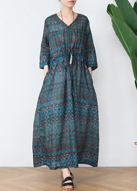 Vintage Green Print Cotton V Necktie Waist Spring Long Dress Tunics Exclusive limited Vintage Green Print Cotton V Necktie Waist Spring Long Dress Tunics Exclusive limited