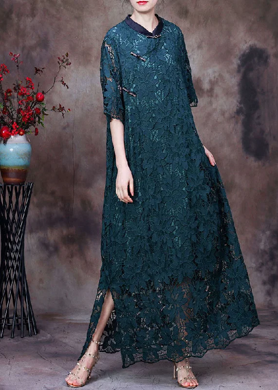 Vintage Green Stand Collar Patchwork Side Open Lace Long Dresses Half Sleeve Tunics Designer luxury Vintage Green Stand Collar Patchwork Side Open Lace Long Dresses Half Sleeve Tunics Designer luxury